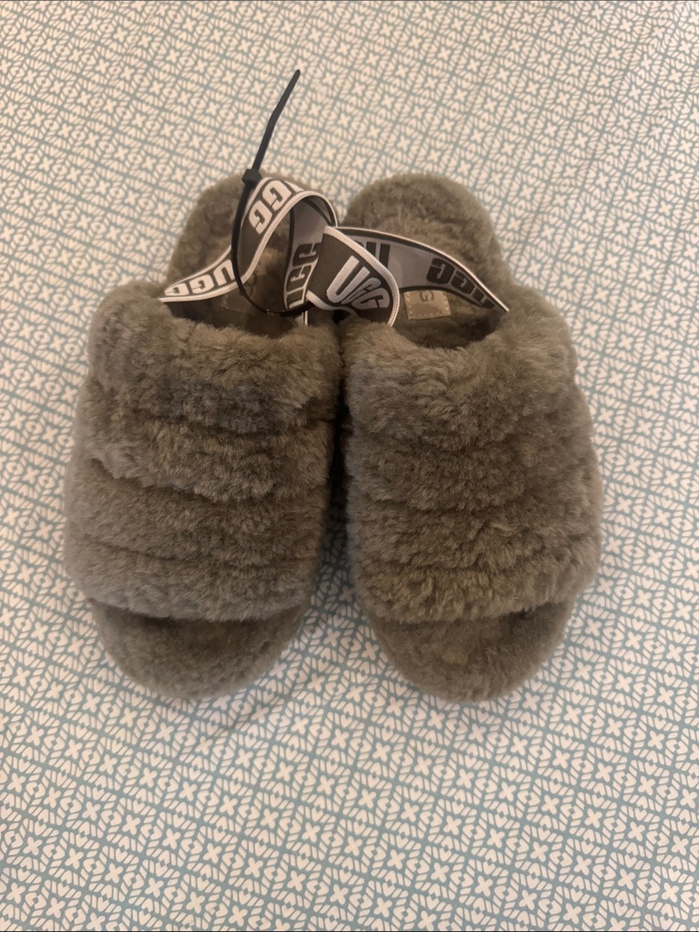 UGG Olive Green Fuzzy Slide Sandals with Branded Strap slippers